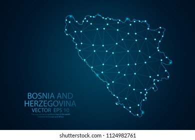 Abstract mash line and point scales on Dark background with map of Bosnia and Herzegovina. Wire frame 3D mesh polygonal network line, design polygon sphere, dot and structure. Vector illustration.