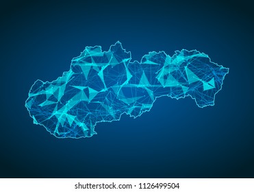 Abstract mash line and point scales on dark background with map of slovakia. Abstract network vector concept of slovakia. Internet and connection map background. Triangle, dot ,line Vector.