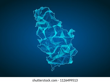 Abstract mash line and point scales on dark background with map of Serbia. Abstract network vector concept of Serbia. Internet and connection map background. Triangle, dot ,line Vector.