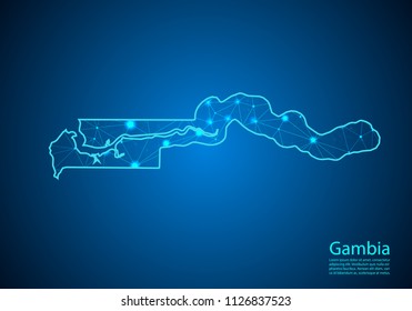 Abstract mash line and point scales on dark background with map of gambia. Best Internet Concept of gambia business from concepts series. Wire frame 3D mesh polygonal network line and dots.