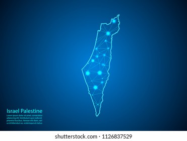 Abstract mash line and point scales on dark background with map of Israel Palestine. Best Internet Concept of Israel Palestine business from concepts series. Wire frame 3D mesh polygonal network line