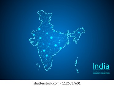 Abstract mash line and point scales on dark background with map of india. Best Internet Concept of india business from concepts series. Wire frame 3D mesh polygonal network line and dots.