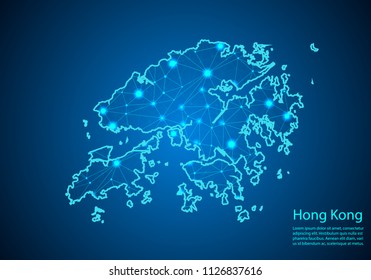 Abstract mash line and point scales on dark background with map of hong Kong. Best Internet Concept of hong Kong business from concepts series. Wire frame 3D mesh polygonal network line and dots.