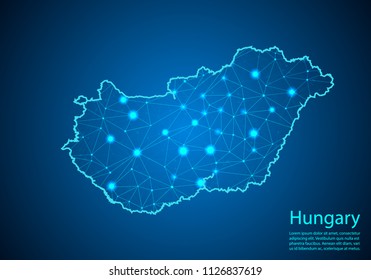 Abstract mash line and point scales on dark background with map of hungary. Best Internet Concept of hungary business from concepts series. Wire frame 3D mesh polygonal network line and dots.