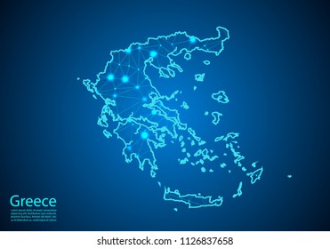 Abstract mash line and point scales on dark background with map of greece. Best Internet Concept of greece business from concepts series. Wire frame 3D mesh polygonal network line and dots.