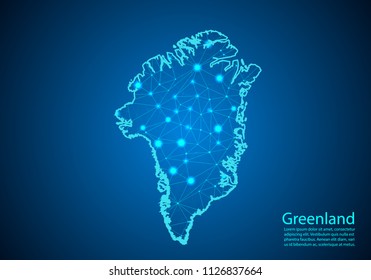 Abstract mash line and point scales on dark background with map of greenland. Best Internet Concept of greenland business from concepts series. Wire frame 3D mesh polygonal network line and dots.
