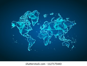 Abstract mash line and point scales on dark background with map of world. Abstract network vector concept of world. Internet and connection map background. Triangle, dot ,line Vector.