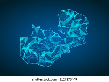 Abstract mash line and point scales on dark background with map of zambia. Abstract network vector concept of zambia. Internet and connection map background. Triangle, dot ,line Vector.