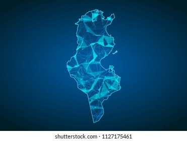 Abstract mash line and point scales on dark background with map of tunisia. Abstract network vector concept of tunisia. Internet and connection map background. Triangle, dot ,line Vector.