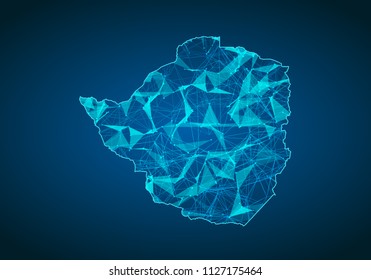 Abstract mash line and point scales on dark background with map of zimbabwe. Abstract network vector concept of zimbabwe. Internet and connection map background. Triangle, dot ,line Vector.