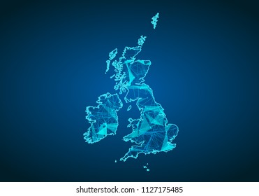 Abstract Mash Line And Point Scales On Dark Background With Map Of United Kingdom. Abstract Network Vector Concept Of UK. Internet And Connection Map Background. Triangle, Dot ,line Vector.