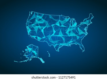 Abstract mash line and point scales on dark background with map of usa. Abstract network vector concept of united state of america. Internet and connection map background. Triangle, dot ,line Vector.