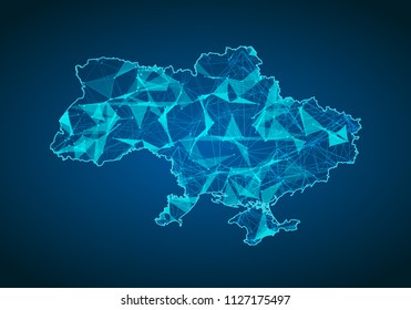 Abstract mash line and point scales on dark background with map of ukraine. Abstract network vector concept of ukraine. Internet and connection map background. Triangle, dot ,line Vector.