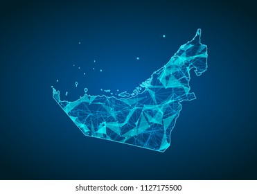 Abstract mash line and point scales on dark background with map of united Arab Emirates. Abstract network vector concept of UAE. Internet and connection map background. Triangle, dot ,line Vector.