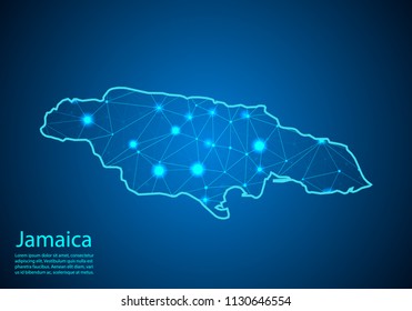 Abstract mash line and point scales on dark background with map of jamaica. Best Internet Concept of jamaica business from concepts series. Wire frame 3D mesh polygonal network line and dots.