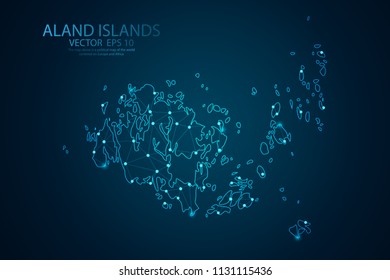 Abstract mash line and point scales on Dark background with map of Aland Islands. Wire frame 3D mesh polygonal network line, design polygon sphere, dot and structure. Vector illustration eps 10.