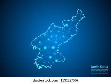 Abstract mash line and point scales on dark background with map of North Korea. Best Internet Concept of North Korea business from concepts series. Wire frame 3D mesh polygonal network line and dots.