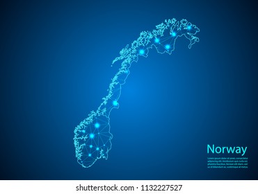 Abstract mash line and point scales on dark background with map of norway. Best Internet Concept of norway business from concepts series. Wire frame 3D mesh polygonal network line and dots.