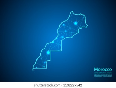 Abstract mash line and point scales on dark background with map of morocco. Best Internet Concept of morocco business from concepts series. Wire frame 3D mesh polygonal network line and dots.