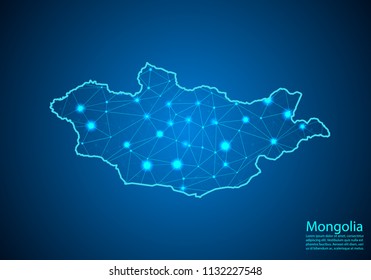 Abstract mash line and point scales on dark background with map of mongolia. Best Internet Concept of mongolia business from concepts series. Wire frame 3D mesh polygonal network line and dots.