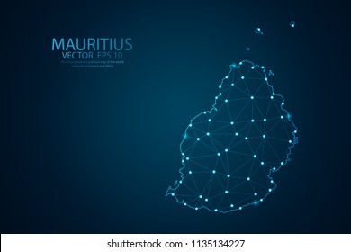 Línea de purga abstracta y escala de puntos en fondo oscuro con mapa de Mauricio. Línea de red poligonal de malla 3D, poligón de diseño, esfera, punto y estructura. Ilustración vectorial, pasos 10.