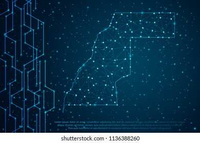 Abstract mash line and point scales on Circuit dark background with map of Western Sahara. Wire frame mesh polygonal network line, design sphere, dot and structure. Vector illustration eps 10.