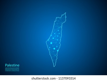 Abstract mash line and point scales on dark background with map of palestine. Best Internet Concept of palestine business from concepts series. Wire frame 3D mesh polygonal network line and dots.