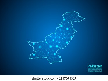 Abstract mash line and point scales on dark background with map of pakistan. Best Internet Concept of pakistan business from concepts series. Wire frame 3D mesh polygonal network line and dots.