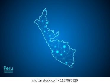 Abstract mash line and point scales on dark background with map of peru. Best Internet Concept of peru business from concepts series. Wire frame 3D mesh polygonal network line and dots.