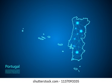 Abstract mash line and point scales on dark background with map of portugal. Best Internet Concept of portugal business from concepts series. Wire frame 3D mesh polygonal network line and dots.