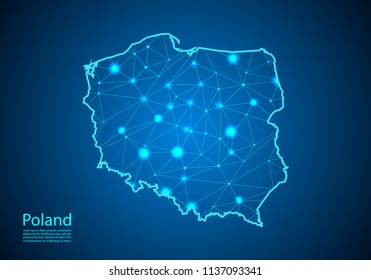 Abstract mash line and point scales on dark background with map of poland. Best Internet Concept of poland business from concepts series. Wire frame 3D mesh polygonal network line and dots.