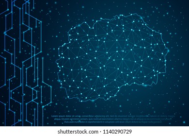 Abstract mash line and point scales on Circuit dark background with map of Macedonia. Wire frame mesh polygonal network line, design sphere, dot and structure. Vector illustration eps 10.