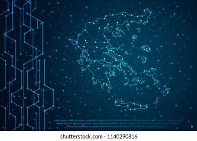 Abstract mash line and point scales on Circuit dark background with map of Greece. Wire frame mesh polygonal network line, design sphere, dot and structure. Vector illustration eps 10.