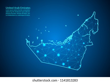 Abstract mash line and point scales on dark background with map of united Arab Emirates. Best Internet Concept of UAE business from concepts series. Wire frame 3D mesh polygonal network line and dots.