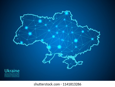 Abstract mash line and point scales on dark background with map of ukraine. Best Internet Concept of ukraine business from concepts series. Wire frame 3D mesh polygonal network line and dots.