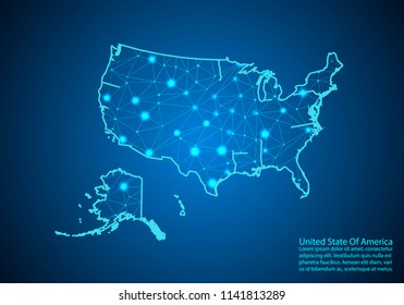 Abstract Mash Line And Point Scales On Dark Background With Map Of Usa. Best Internet Concept Of Us Business From Concepts Series. Wire Frame 3D Mesh Polygonal Network Line And Dots.