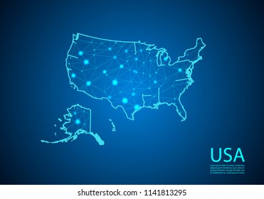 Abstract mash line and point scales on dark background with map of usa. Best Internet Concept of America business from concepts series. Wire frame 3D mesh polygonal network line and dots.