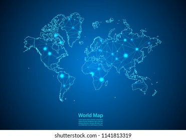 Abstract mash line and point scales on dark background with map of world. Best Internet Concept of world business from concepts series. Wire frame 3D mesh polygonal network line and dots.