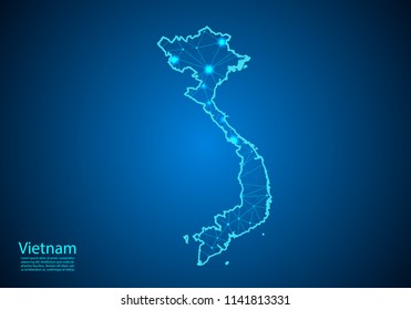 Abstract mash line and point scales on dark background with map of vietnam. Best Internet Concept of vietnam business from concepts series. Wire frame 3D mesh polygonal network line and dots.