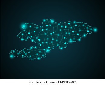 Abstract mash line and point scales on dark background with Map of kyrgyzstan. Wire frame 3D mesh polygonal network line, design sphere, dot and structure. communications map of kyrgyzstan. Vector.