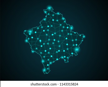 Abstract mash line and point scales on dark background with Map of kosovo. Wire frame 3D mesh polygonal network line, design sphere, dot and structure. communications map of kosovo. Vector.