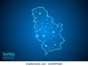 Abstract mash line and point scales on dark background with map of Serbia. Best Internet Concept of Serbia business from concepts series. Wire frame 3D mesh polygonal network line and dots.