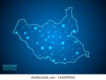 Abstract mash line and point scales on dark background with map of south Sudan. Best Internet Concept of south Sudan business from concepts series. Wire frame 3D mesh polygonal network line and dots.