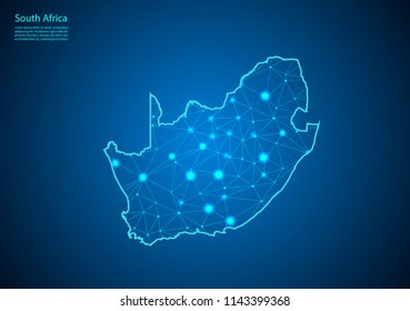 Abstract mash line and point scales on dark background with map of South Africa. Best Internet Concept of South Africa business from concepts series. Wire frame 3D mesh polygonal network line and dots