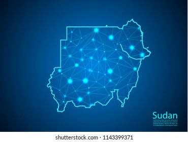 Abstract mash line and point scales on dark background with map of sudan. Best Internet Concept of sudan business from concepts series. Wire frame 3D mesh polygonal network line and dots.