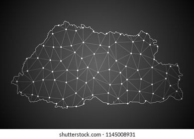 Abstract Mash Line and Point Scales on The Dark Gradient Background With Map of Bhutan. 3D Mesh Polygonal Network Connections.Vector illustration eps10.