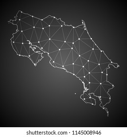 Línea de masa abstracta y escala de puntos en el fondo de degradado oscuro con mapa de Costa Rica. Conexiones de red polígona de malla 3D.Ilustración vectorial eps10.