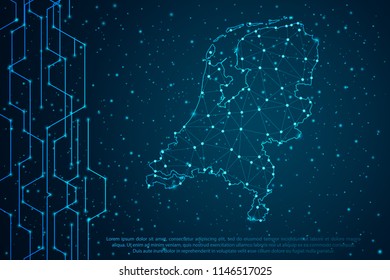 Abstract mash line and point scales on Circuit dark background with map of Netherlands. Wire frame mesh polygonal network line, design sphere, dot and structure. Vector illustration eps 10.