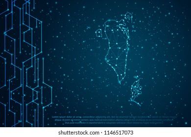 Abstract mash line and point scales on Circuit dark background with map of Bahrain. Wire frame mesh polygonal network line, design sphere, dot and structure. Vector illustration eps 10.