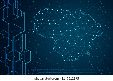 Abstract mash line and point scales on Circuit dark background with map of Lithuania. Wire frame mesh polygonal network line, design sphere, dot and structure. Vector illustration eps 10.